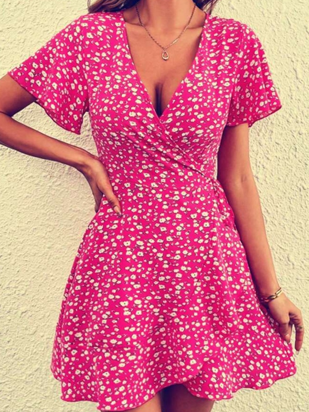 Ruffle Sleeve Wrap-Style Tie-Waist Summer Dress.